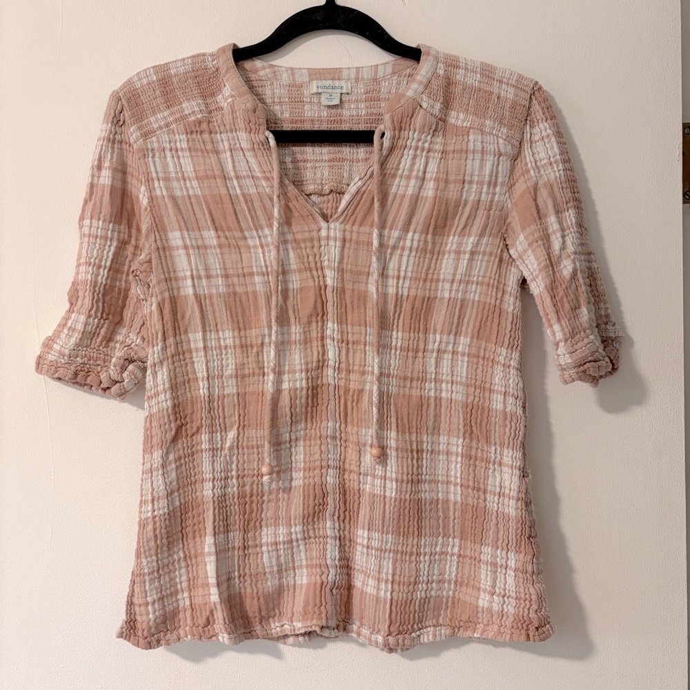 Sundance Plaid Gauze Short Sleeve Top Womens Size Medium